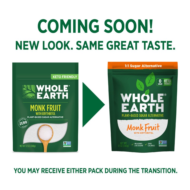 WHOLE EARTH Monk Fruit Sweetener with Erythritol, Plant-Based Sugar Alternative,