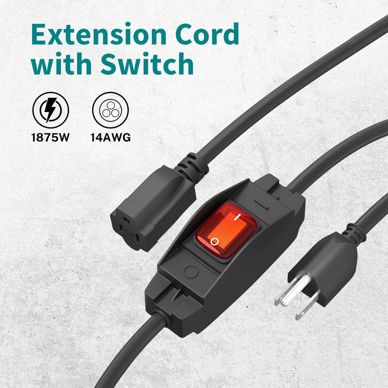 FIRMERST 1875W Outdoor Extension Cord with Waterproof Switch 15 Feet