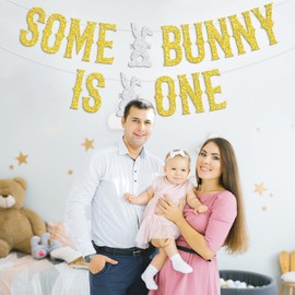 Some Bunny is One Banner, Easter 1st Birthday Banner for Boys Girls, Spring Easter Bunny Theme First Birthday Baby Shower Party Decorations Supplies