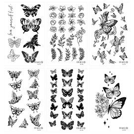 Bekecidi 84 Pcs Flower Butterfly Temporary Tattoos, Black Line Realistic Fake Tattoos, Art Flower Transfer Tattoo Sticker, Waterproof Long Lasting Tattoo for Adults Women Face Body Hand Arm