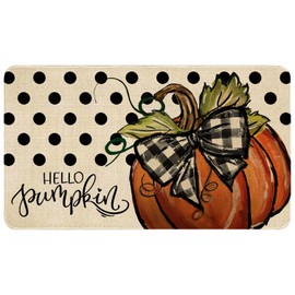 Xsinufn Fall Door Mat Outside,Polka Dot Hello Pumpkin Welcome Mat for Front Door,Thanksgiving Autumn Indoor Outdoor Non-Slip Rugs,Fall Doormat for Farmhouse Home Porch Decorations 30" x 17"