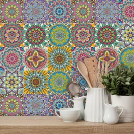 BANLMEYD 24pcs Mandala Tile Stickers Colorful Bathroom Tile Stickers for Kitchen Bathroom Living Room Fireplace Stairs Backsplash Home Waterproof Moroccan Stickers for Tile 6"x6" 15x15cm