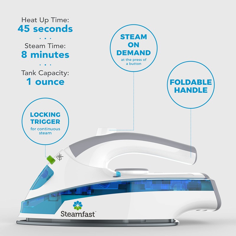 Steamfast SF-710 Mini Steam Iron, Non-Stick Sole Plate, Foldable Handle,