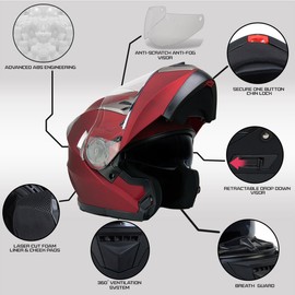 Milwaukee Helmets MPH9826DOT Ionized Flat Red Advanced Motorcycle Modular Helmet w/Drop Down Visor - Large