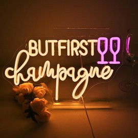 Wanxing LED Neon Light Sign - But First Champagne Neon Sign with Glass Design - Wall Decor for Home Bar, Kitchen, Man Cave, Pub, Weddings, Birthdays, Graduations, and Christmas Gifts - Size: 16.3" x 9.45", USB Warm Light