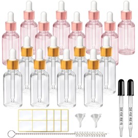 1oz Clear+Rose Gold Glass Bottle with Dropper 16 pcs 30ml Dropper Bottle for Essential Body Oils with 2 Funnels & 2 Extra Glass Measured Pipette 1 Cleaning Brush & 16 Labels for Cosmetic