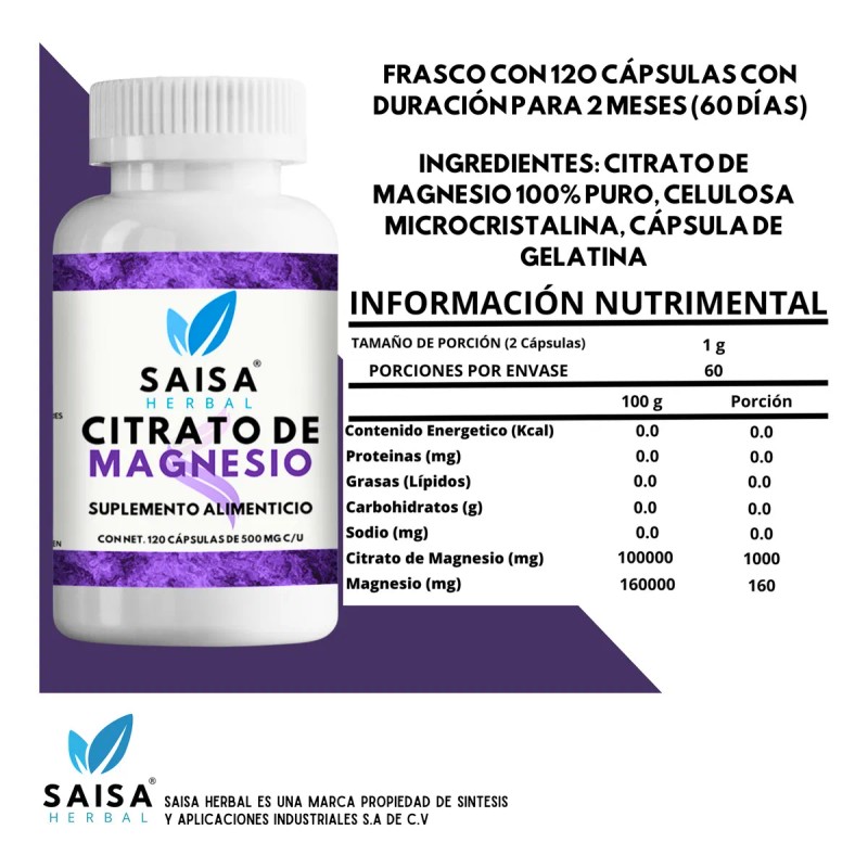 Citrato De Magnesio 500 Mg 120 Cpsulas 100 Puro Saisa