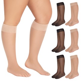 MANZI 6 Pairs Plus Size Sheer Knee Highs Stocking for Women Super Wide Nylon Trouser Queen Socks Black and Natural XXXL-XXXXL