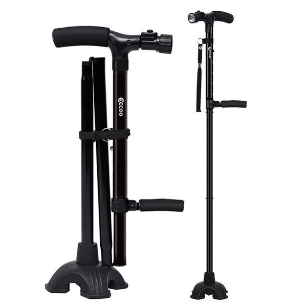 Medical Convenient Two-Handle Walking Cane Lightweight Walking Stick with Adjustable LED Lights and Stable Quad Cane Base