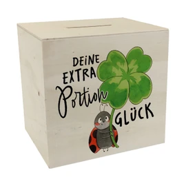 Ladybird Wooden Money Box with Saying "Deine extra Portion Glück Glücksbringer Klee Mushroom" Health Wishes Spring Greetings as a Gift