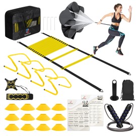 ZenCrest 11-in-1 Agility Ladder Speed Training Equipment Kit-20ft Soccer Ladder, 4 Adjustable Hurdles, Ball Kick Trainer, 12 Cones, Resistance Parachute and Carry Bag for Kids, Youth and Adults