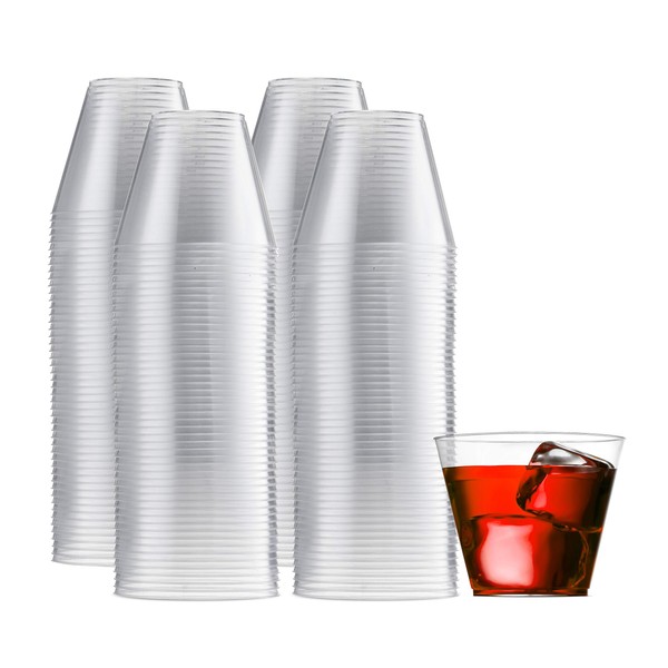Munfix 200 Clear Plastic Cups 9 Oz Old Fashioned Tumblers Fancy Disposable Wedding Party Cups Recyclable and BPA-Free