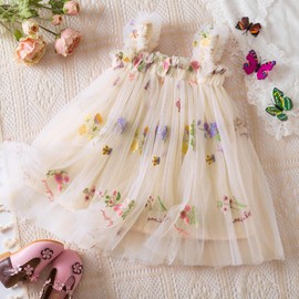 NNJXD Baby Girl Tulle Dress Casual Strap Sleeveless Flower Embroidery Toddler Dresses 2107 Yellow Size(100) 2-3 Years