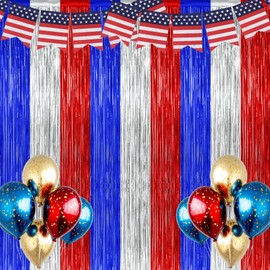 USA-Backdrop Independence-Day-Curtain 4th of July Decorations 3PCS 9.9×6.6ft Patriotic Tinsel Foil Fringe Curtains Backdrop Memorial America Party