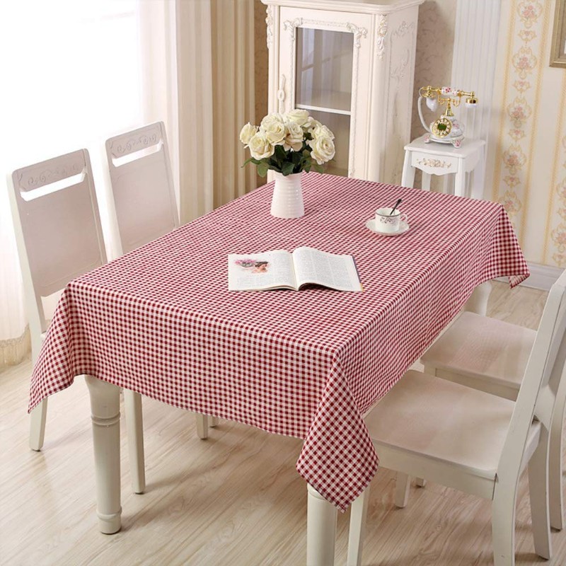 HomeT Cotton Linen Geometric Red & White Checked Tablecloth Gingham