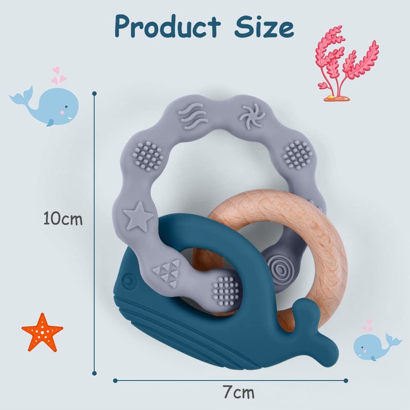 Vicloon Baby Teether Toys, Silicone & Natural Wood Teether Ring,