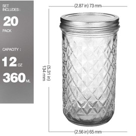Mason Jars 12 OZ, VERONES Canning Jars Jelly Jars With Regular Lids, Ideal for Jam, Honey, Wedding Favors, Shower Favors, Baby Foods 20 PACK