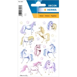 HERMA 3427 Aufkleber Einhorn Glitzer klein groß, 18 Stück, Tiere Sticker mit Einhörner Sterne Motiv, Kinder Etiketten für Fotoalbum Tagebuch Poesiealbum Scrapbooking Geburtstag Deko Briefe DIY Basteln