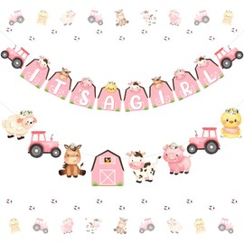 Farm Animal Baby Shower Decorations It’s a Girl Banner for Girls Farm Animal Themed Garland Baby Pink Photo Photograph Banner for Barnyard Party decoration