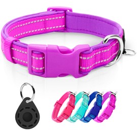 azuza Reflective Dog Collar with Airtag Holder, Soft Neoprene Padded Pet Collar with ID Tag Ring, Adjustable for Puppy and Small Dogs,Purple,XS