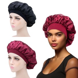 iLamvie 2 Pcs Silk Bonnet,Satin Bonnet,Hair Bonnet For Sleeping,Bonnet,Soft And Comfortable Silk Sleep Cap(Black+red)