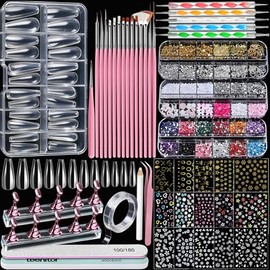 Teenitor Acrylic Nail Kit with Clear Coffin Nail Tips, Nail Charms and Gems, Nail Stickers, Nail Art Brushes, Nail Dotting Tools, Nail Stand, Press On Nails Kit for DIY Nail Art