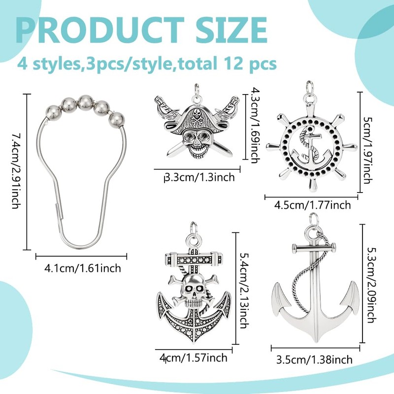 WEBEEDY 12 Pcs Nautical Shower Curtain Hooks Rust Proof Skull