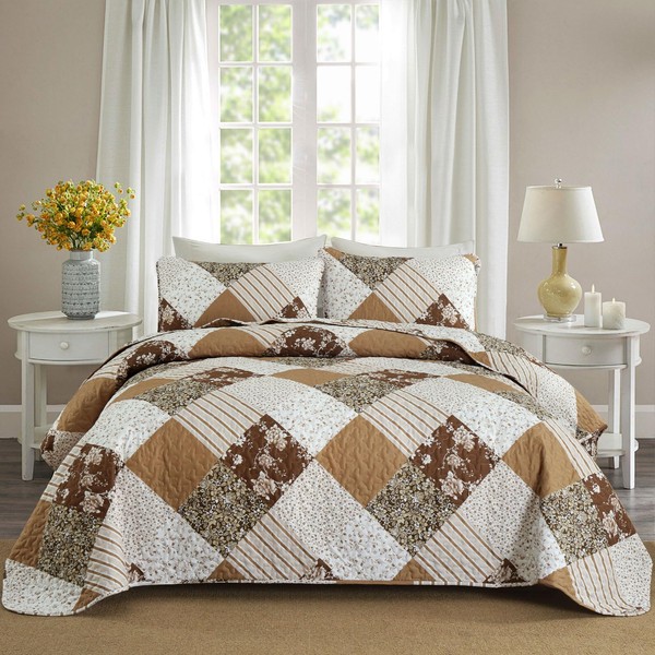 Dobuyly Brown King Size Bedspread, Floral Plaid Patchwork King Size