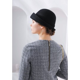 RZTA Women's Vintage 100% Wool Felt Cloche Bucket Bowler Hat Winter Vintage Bow Fedoras Church Derby Fascinator Hat, A03-black, One Size
