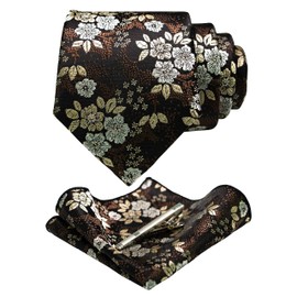 JEMYGINS Mens Floral Ties and Pocket Square Sets with Tie Clip Available, Brown/dark brown