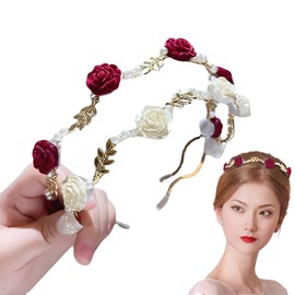 2 x Hair Band Made of Red Roses and White Rose Pearls, Bridal Headband, Light Gold Wedding Hair Band, Faux Pearl, Rhinestone Hair Crown, Crystal Pearl, Bridal Tiara, Hair Bands, Elegant Accessories