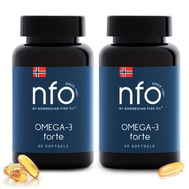 NFO OMEGA 3 FORTE 2er-Pack [2x60=120 Fischgelatine Kapseln] Norwegisches Omega 3 Kapseln hochdosiert, Fischöl – EPA & DHA als Ethylester mit Vitamin E, Aminosäuren Komplex hochdosiert aus Wildfisch
