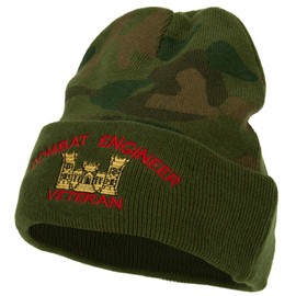 e4Hats.com Combat Engineer Veteran Logo Embroidered Camo Knit Long Cuff Beanie - Green OSFM