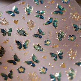 JMEOWIO 3D Nagelsticker Gold Grün Schmetterling Nail Art Sticker Selbstklebend Nagelaufkleber 5D Stereoskopisch Dekoration Nageldesign Zubehör 1 Blatt