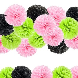 Vsosfiza Green Pink Black Paper Pom Poms Party Decorations, 15 PCS Tissue Pom Poms for Birthday Party, Family Gathering,Wedding,Boy or Girl Nursery Classroom Decoration