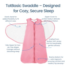 TOTBASIC Baby Swaddle Blanket 0-3 Months, 1.0 TOG 3-Way Adjustable Infant Sleep Sack, Sweet Pink