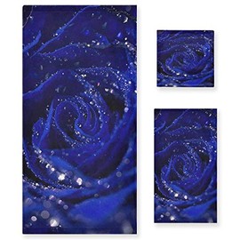 QUGRL Navy Blue Rose Luxury Towels Set of 3 Super Soft Bath Towel Decorative Hand Towels Cotton Washcloth for Bathroom Kitchen Hotel Beach Gym Spa