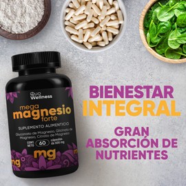 Mega Magnesio Forte | Mezcla de Magnesios Premium | Gluconato de Magnesio, Glicinato de Magnesio, Citrato de Magnesio.
