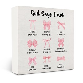 OVAcational Pink Coquette Christian Bow Wooden Signs,Pink God Says I Am Wooden Box Sign,Coquette Room Decor,Preppy Bow Bible Verse Decor For Room Bedroom Desk Tabletop Shelf Decoration 5x5 Inches