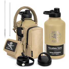 KawaGebo Kamp Half Gallon Tactical Water Bottle With Straw - Battle Bottle - 64 OZ Stainless Steel Water Jug with 3 Lids, Paracord Handle, Molle System