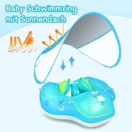 LAYCOL Baby Swimming Ring with UPF50+ Sun Protection Roof & Toy, Adjustable Safety Seat, Toddler Pool Swimming Ring for 6-36 Months (Blue Update, S)
