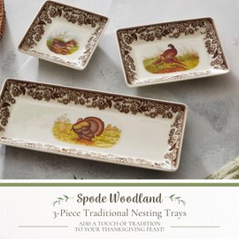 Spode Woodland 3-Piece Porcelain Tray Set - Turkey, Pheasant, Otter Wildlife Art, Great for Holiday Appetizers & Snacks - Stackable Design with Floral Borders, Dishwasher Safe, Oven Safe Trays