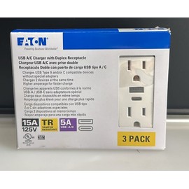 Eaton 15A 125V/AC/ Duplex Receptacle With USB A & C Charge Ports (3-Pack)