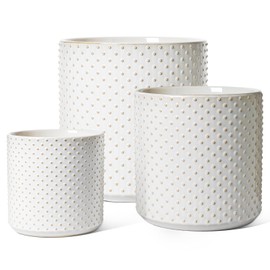 LE TAUCI 6+8+10 Inch Plant Pots Indoor, Ceramic Planter Pots for Plants, Raised Dots Flower Pots Indoor for Home and Office, Mid-Modern Century Pots with Drainage Hole and Plug, Glaze Arctic White