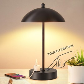 Modern LED Desk Lamp with AC Adapter, 3-Way Dimmable Touch Bedside Reading Lamp, Minimalist Black Small Nightstand Table Lamp with Mushroom Dome Shade for Bedroom Living Room Office, Bulb Included