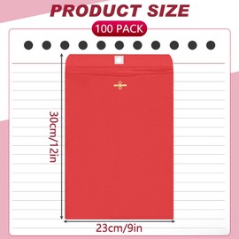 Geyee 100 Pcs Clasp Manilla Envelopes 9 x 12 Inch Gummed Colored Envelopes for Storing or Mailing for Home Office Business Supplies(Red)