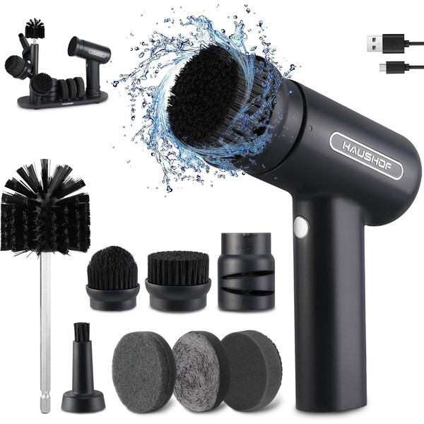 HAUSHOF Electric Spin Scrubber Cordless Cleaning Brush with 8 Replaceable