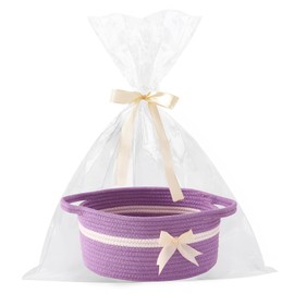 HomeyPine Empty Gift Bowknot Basket with Ribbons and Bow and Gift Bags, Decorative Baby Gift Baskets Empty Small Woven Rope Cat Dog Toys Basket with Handles, Purple