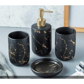 YYW Bathroom Accessory Set Ceramics Bathroom Set Accessories Complete Set Vanity Countertop Accessory Set Includes Soap Dish Lotion Dispenser Tumblers (Black（Four Piece）)