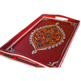 Handmade Moroccan Wood Tray Serving Painted Decorative With Handle For Tea Coffee Breakfast in Bed
